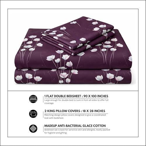 Image of King Size Bedsheet Cotton for Double Bed | Flat - 90x100 Inch, Floral, Soft & Breathable, Fade & Shrink Resistant, 2 Pillow Covers | Plum Tulip Glow, Plum Purple