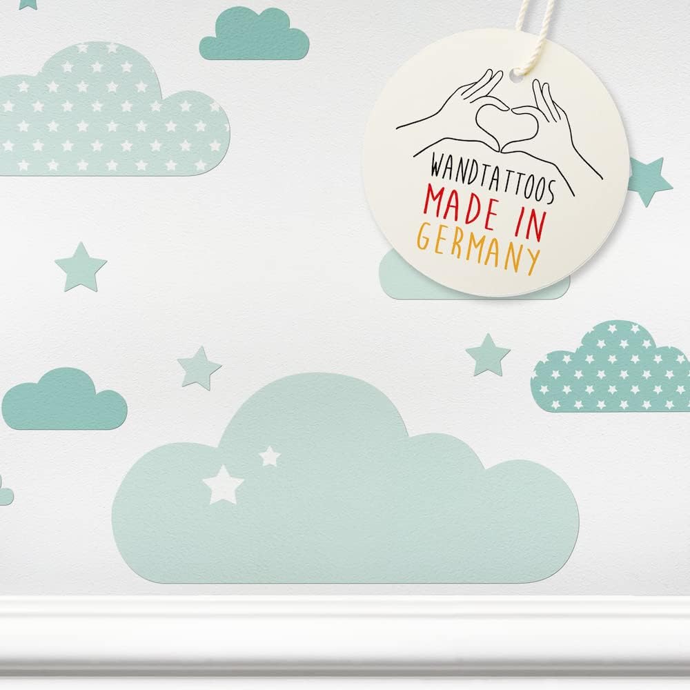 lovely label Cloud Wall Stickers for Kids - PVC-Free Laminate Self-Adhesive Wall Decor - Playroom & Nursery Art Decals w/ 40 Stickers, Mint