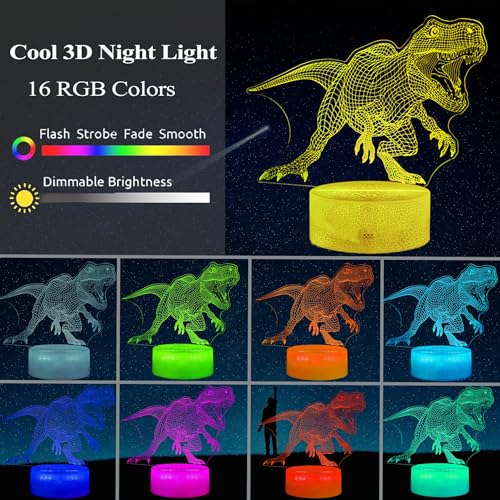POSSHE Dinosaur Night Light for Kids, 3D Illusion Lamp with Remote Control, 16 Colors Changing, RGB Flashing Mode and Dimmable, Gifts for Boys Christmas Decor