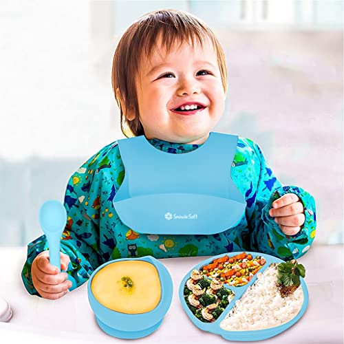 Image of SNOWIE SOFT 5pcs Silicone Tableware Kit for Baby Foodgrade Silicone Tableware Kit Baby Plate & Bowl with Sucker, Cup, Spoon, Bib Food Grade Silicone BPA-Free Dishwasher & Microwave Safe Baby Product