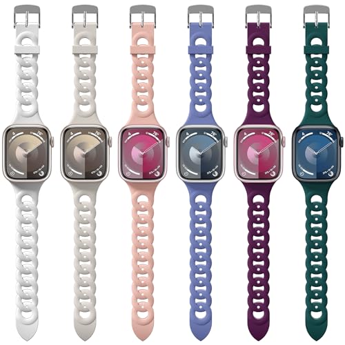 Suoman 6-Pack Silicone Band for Apple Watch Band 38mm 41mm 40mm,Women Men Soft Silicone Chain Type With Replacement Sport Strap Band for iWatch Series 9/8/7/6/5/4/SE/SE 2