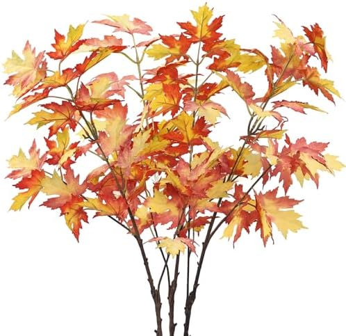 DuHouse 3PCS Artificial Maple Leaves Branches, Fall Faux Maple Leaf Stems for Vase, Autumn Decorations for Home, Thanksgiving, Halloween, Wedding Centerpiece Decor