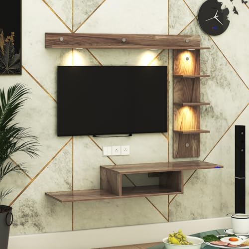 Image of Wintor Engineered Wood Wall Mounted TV Unit with 4 LED Lights, 3 Open Shelves, 1 Storage Box & Decorative Display Shelf for Living Room | Ideal for Upto 43 Inch TV- CoachWood(DIY Assembly)