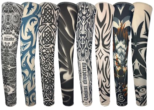 iToolai Temporary Tattoo Sleeves for Men, 8 pcs Set UV Protection Cooling Tattoo Arm Sleeves Slip on(Tribal Designs)