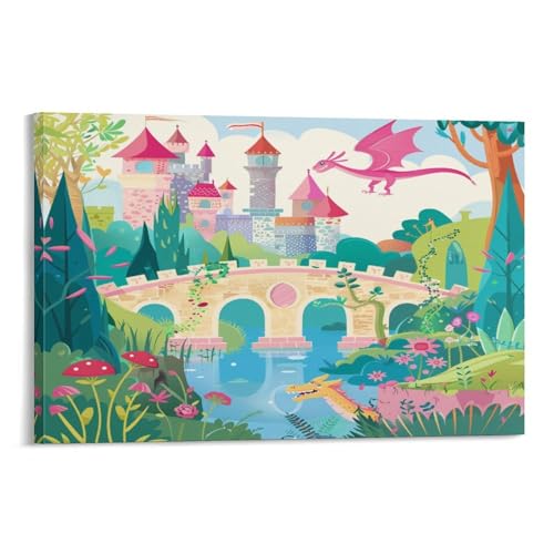 EUUMKOO Lienzo colorido de castillo de dibujos animados, arte de pared, puente de fantasía, pintura sobre lienzo, póster impreso, decoración de arte para el hogar, sala de estar, dormitorio