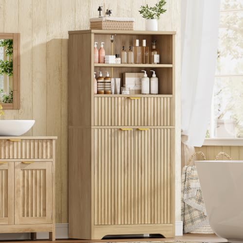 Image of TEENFON Tall Storage Cabinet with Adjustable Shelf & Drawer, Fluted Cabinet with Doors, Kitchen Pantry Cabinets, Bathroom Storage Cabinets, for Living Room, Entryway, Home Office, Natural