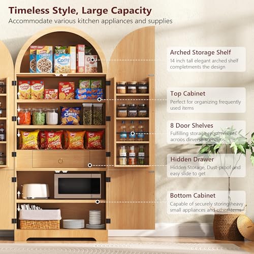 Image of Ball & Cast 72″Tall Arched Kitchen Pantry Cabinet with 8 Door Shelves & Drawers,Versatile Farmhouse Fluted Pantry Storage Cabinet w / 3 Adjustable Shelves for Kitchen,Dining Room,Natural