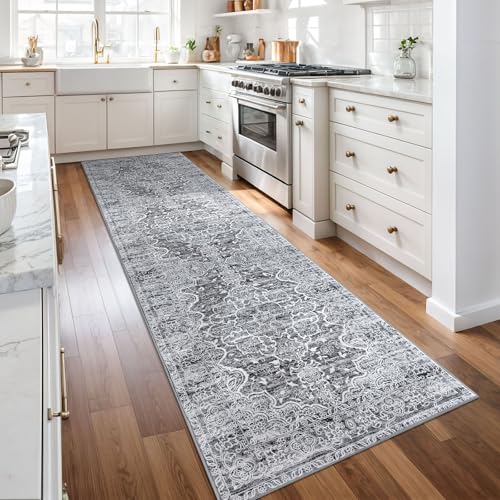 KUTA Vintage Kitchen Runner Rug, 2.6x10 Vintage Grey White Washable Hallway Rugs Non-Slip Ultra Soft Printed Floral Medallion Farmhouse Floor Carpet for Bedroom Living Room Nursery