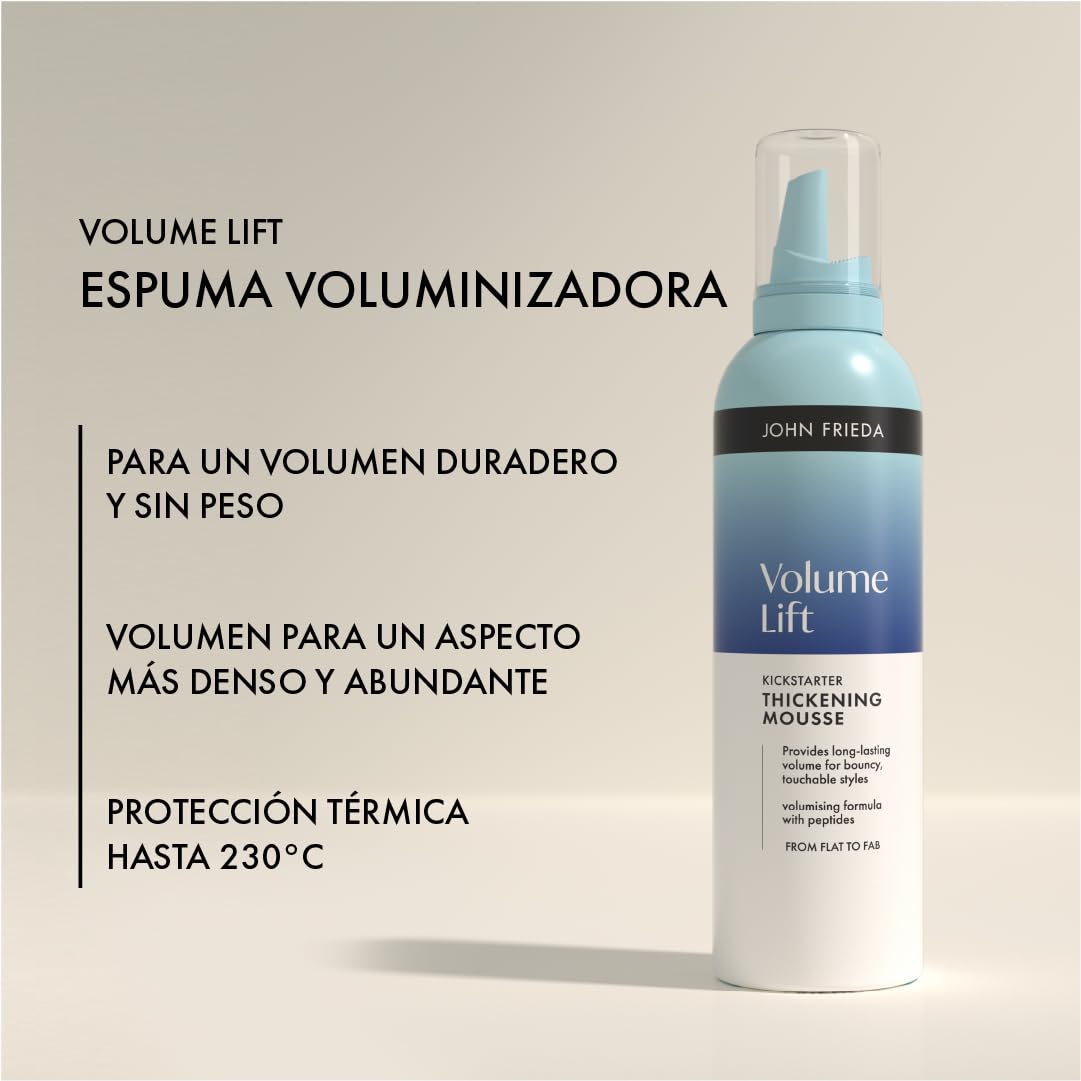 John Frieda Volume Lift Espuma Voluminizadora | Aporta Volumen y Cuerpo Duradero | Cabello Fino sin Volumen | Textura Ligera sin Apelmazar | Acabado Flexible y Natural | 200 ml