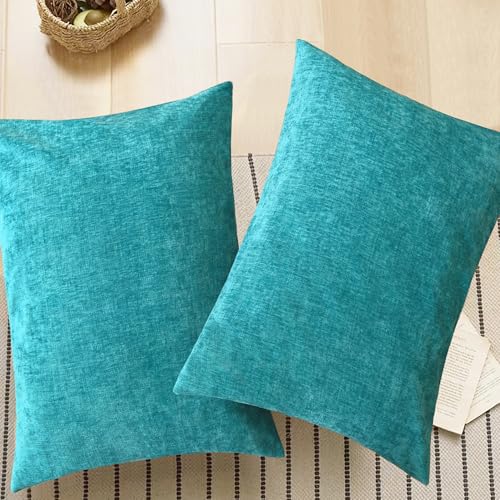 Image of CaliTime Pack of 2 Cozy Standard Pillow Shams Cases for Bed Bedding Decoration Solid Dyed Soft Chenille 20 X 26 Inches Lake Blue
