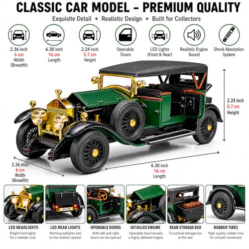Image of Magicwand 1925 Convertible Vintage Classic Car Model, Rollls Roycce Phantom I,1:32 Scale Die-Cast Metal, Lights & Sound, with Openable Doors,Hood & Removable Roof ⦗Random Color⦘