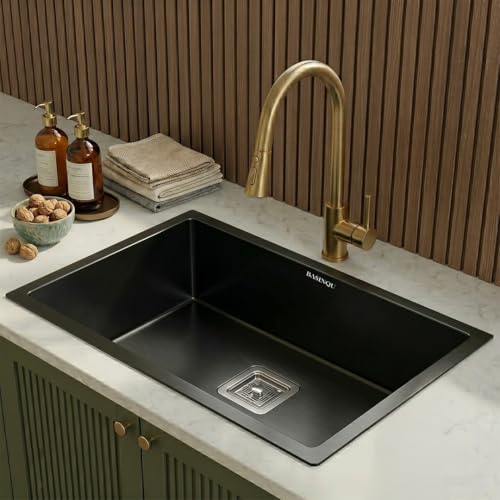 Image of BASINQU Kitchen Sink 30x18x10 Inch Handmade Single Bowl Sink for Kitchen Basin Black 304 Grade Stainless Steel Brushed Matte Finish Including Coupling Fruit Tray Hose Pipe Kitchen Sinks
