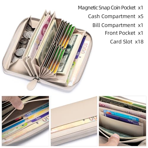 Image of RFID Blocking Womens Zipper Wallet Leather Large Capacity Billfold Clutch Zip Around Wallets for Women