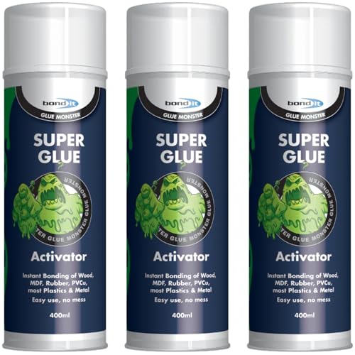 Bond It Super Glue Activator Spray Pack of 3 (400ml Each) Fast-Dry Glue Activator for Cyanoacrylate Adhesives Improves Bonding on Difficult Surfaces Reduces Bloom Ideal for Instant Super Glue