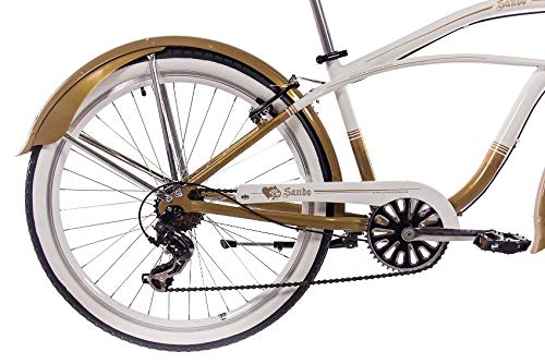 CHRISSON 26 Zoll Beachcruiser Sando Weiss Gold mit 6 Gang Shimano Tourney Kettenschaltung, Damenfahrrad, Herrenfahrrad im Retro Look, Vintage Cruiser Bike