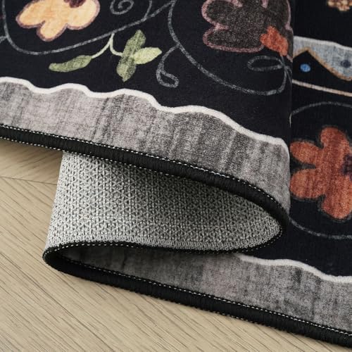 Living Room Rug 5x7 Rug Machine Washable Boho Area Rug Non Slip Floral Animal Cat Vintage Low Pile Large Rugs for Living Room Bedroom Farmhouse Dining Room Kids Playroom, Black