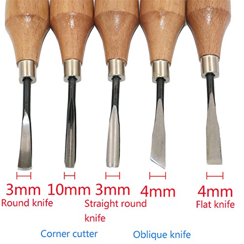 Set Di 5 Coltelli Per Intaglio Legno - Sgorbie E Profili Vari Con Manico In Legno