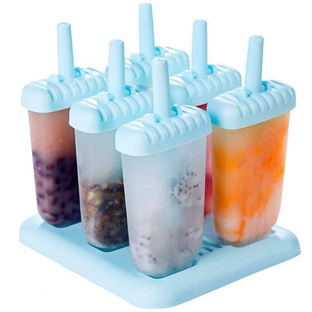 Ice Cream Mold, 6 Pack Ice Lolly Moulds Reusable Popsicle Mold with Sticks and Base, Food Grade Ice Pop Mold BPA Free Easy Release Popsicle Maker for Kids and Adults (Blue)