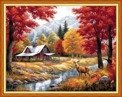 Image of Joyhoor Cross Stitch Kits for Beginners Stamped Cross-Stitch Supplies Needlework preprint Embroidery Kits for Adults DIY Needlepoint Kits Embroidery Patterns 11CT-Late Autumn Elk 16x20 inchs