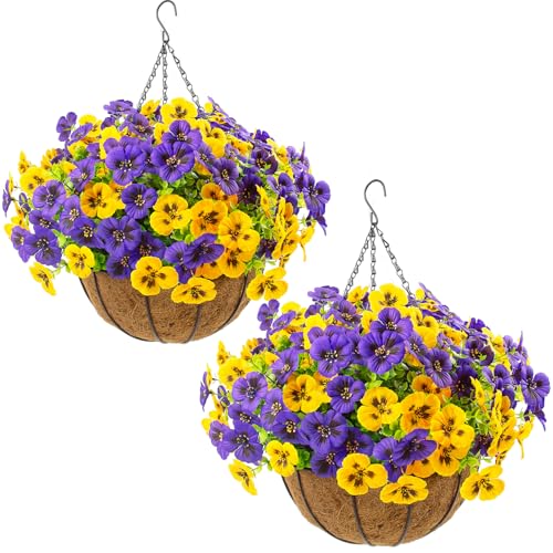 lovemoon 2 Sets Artificial Hanging Flowers with Baskets, 24 Pcs