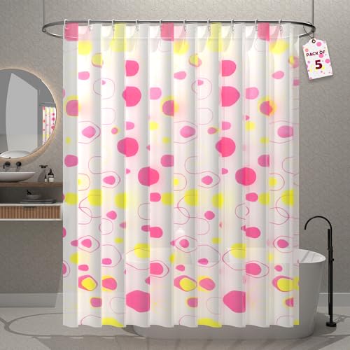 Image of Kuber Industries Pack of 5 Waterproof 71 inch x 71 inch Shower Curtains For Bathroom with 12 Rings | Washroom Partition, Screen & Wall Divider Parda For Bathing Privacy | JY-1-6 | Bubbles Print - Pink & White
