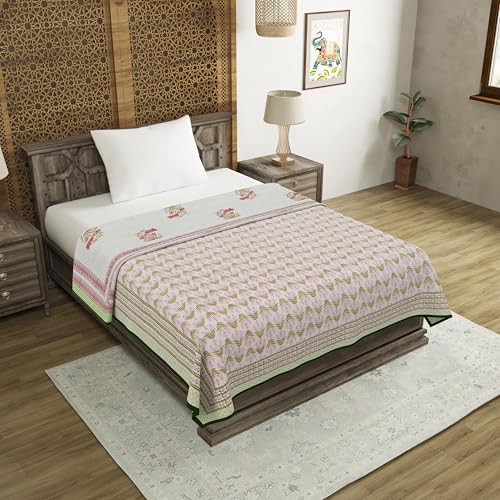 Image of BLOCKS OF INDIA Hand Block Printed Cotton Single Size Reversible Malmal Dohar for Summer (Green Leaf)| TC - 200