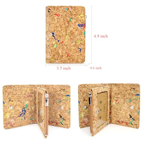 Image of Eco Cork Friendly RFID Blocking Wallet Bi-fold Card Holder Vertical Wallet With Zippered Coin Purse & ID Window