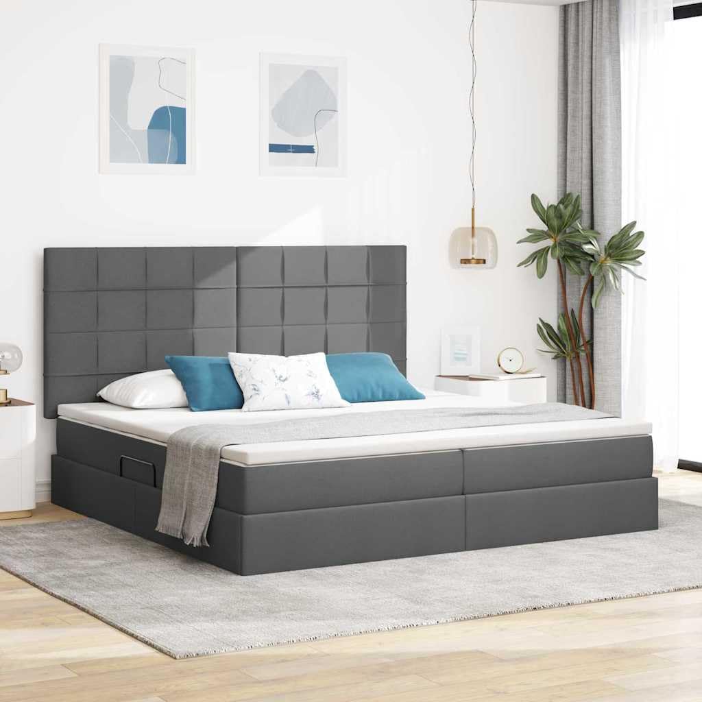 Letto portaoggetti moderno con illuminazione a LED e materasso, telaio in metallo, rivestimento in poliestere, grigio scuro, 200 x 200 cm, sistema di sollevamento idraulico, luce RGB