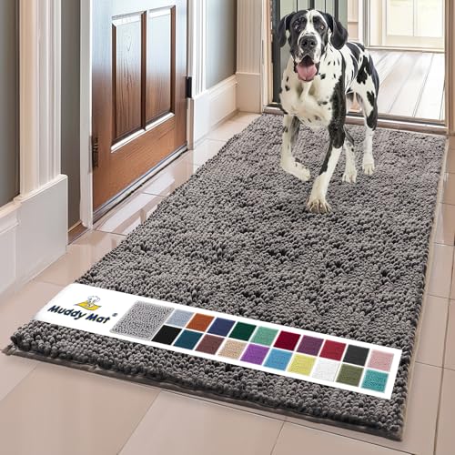 Image of Muddy Mat | Super Absorbent Door Mat Indoor, Microfiber Quick Dry Chenille Entryway Rug, Non-Slip Front Door Mat, Indoor Mats for Entryway, Machine Washable Pet Rug, Charcoal 24 inch x 96 inch