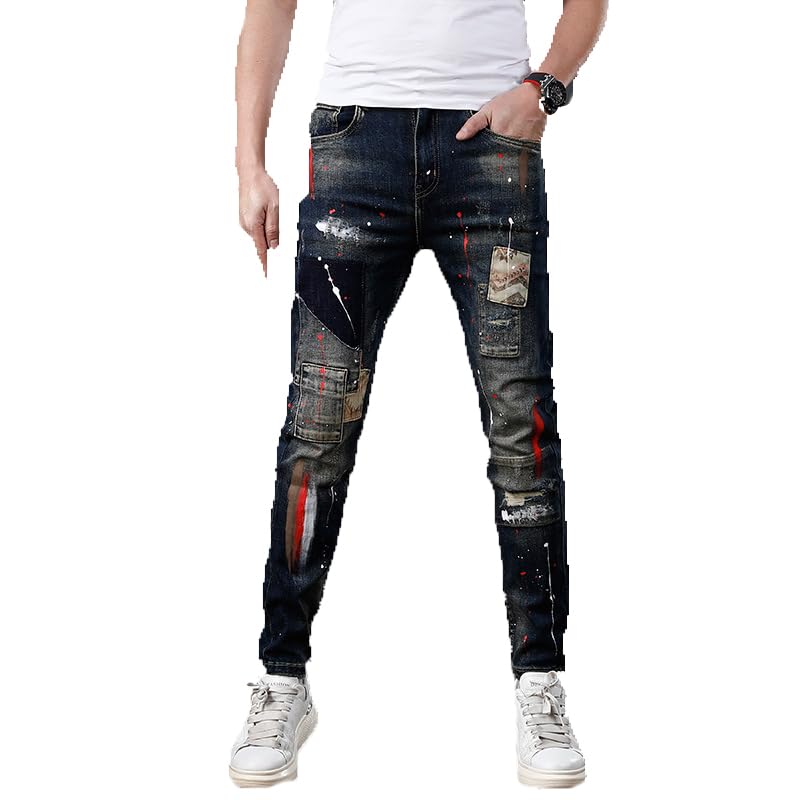 Street Men Jeans Retro Washed Blue Stretch Painted Ripped Jeans Mens Patched Hip Hop Vintage Denim Pants ​​Trousers