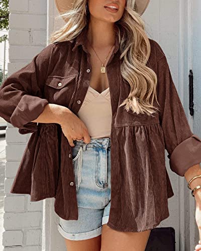 Tutorutor Womens Corduroy Shirts Casual Long Sleeve Button Down Blouses Tunic Babydoll Dress Loose Pocket Jacket Shackets3