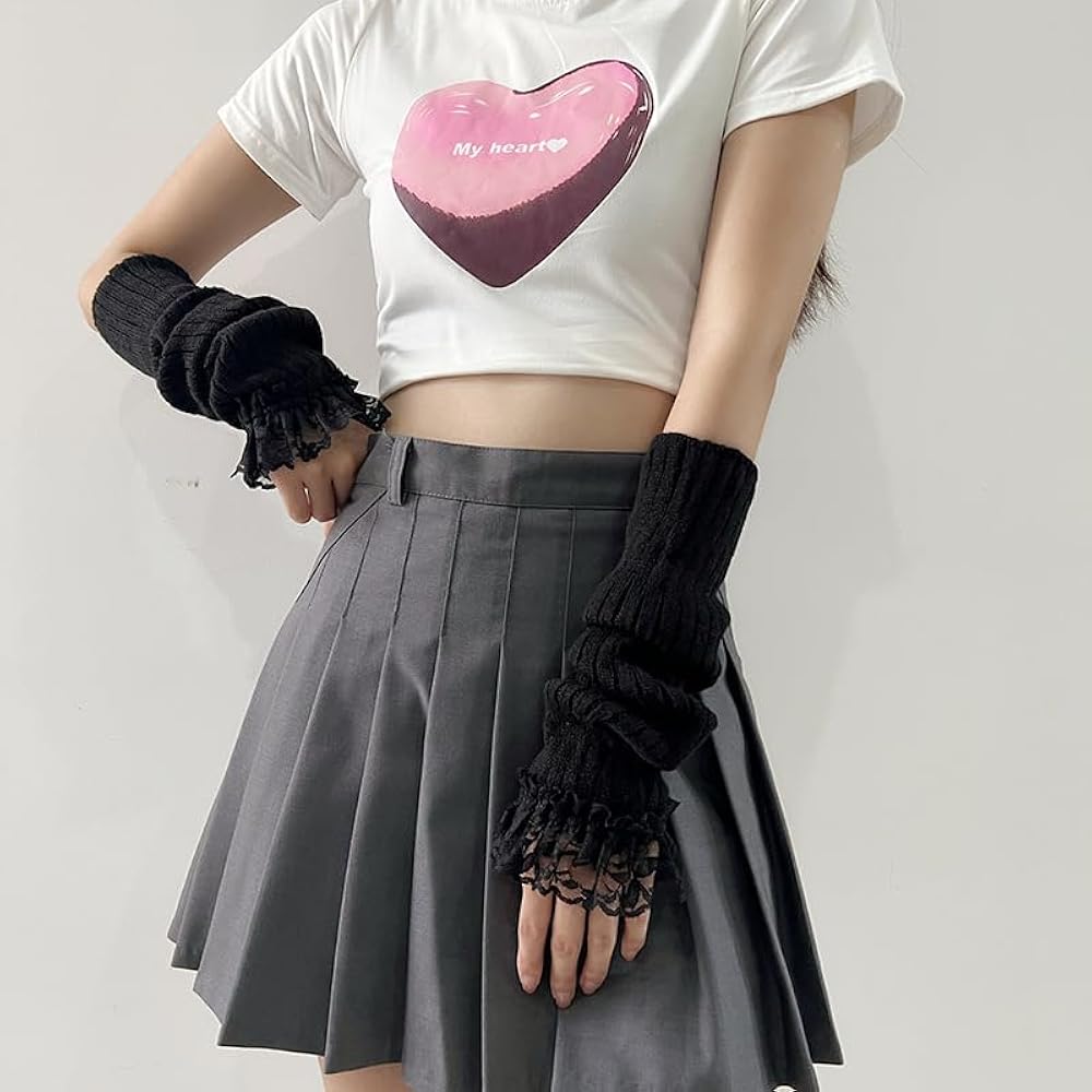 Y2K Lace Ruffle Arm Warmers Cute Knit Fingerless Gloves