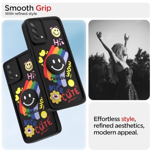 Image of Pikkme Back Cover for Oppo F19 / F19s | Soft Silicone| Cute Rainbow Smile & 3D Cartoon Flower Design | Shockproof Raised Camera Protection Bumper Case (Black)