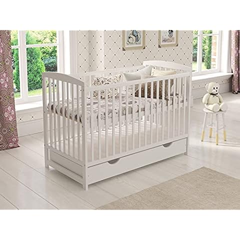 Love For Sleep Weiß Babybett Gitterbett mit Schublade 120 x 60 + Schaumstoffmatratze + Sicherheitsgitter aus Holz + Schutzhülle Cover