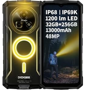 DOOGEE Outdoor Smartphone Fire 5 Ultra, 1200LM Dual-Camping-Lichter, 32GB+256GB, 13000mAh Akku, 48MP Kamera, 6,6" HD+, Gemini AI, IP68 Simlockfreie Robustes Handy, 3 Karten-Slots, GPS NFC Schwarz