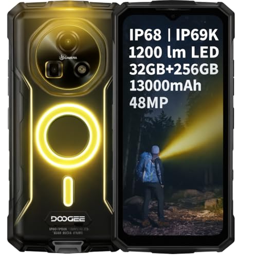 DOOGEE Outdoor Smartphone Fire 5 Ultra, 1200LM Dual-Camping-Lichter, 32GB+256GB, 13000mAh Akku, 48MP Kamera, 6,6" HD+, Gemini AI, IP68 Simlockfreie Robustes Handy, 3 Karten-Slots, GPS NFC Schwarz