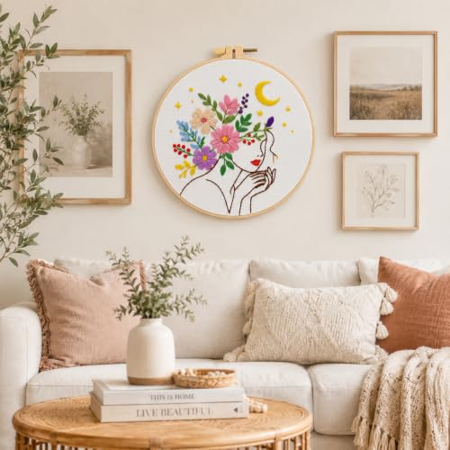 Image of Nuberlic Embroidery Kit for Beginner,Floral Woman Embroidery | Complete Embroidery Supplies, Needlepoint Kit with 7.9Inch Hoop, Stamped Fabric, Threads, Needles and Instructions
