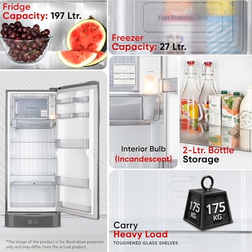 Image of LG 224 L, 5 Star, Smart Inverter, Direct Cool Single Door Refrigerator (GLD2356ZAPZ, Shiny Steel, Base stand with Drawer)