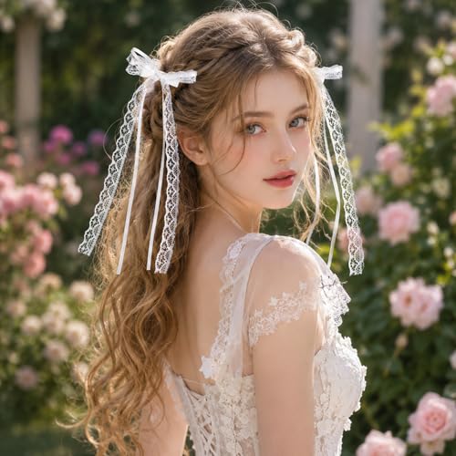 2 Piezas Lazos de Encaje Blancos para el Cabello con Cola Larga, Pinzas de Lazo Coquette para Mujer, Elegantes Barrettes de Cinta con Clip de Cocodrilo, Accesorios para el Cabello de Boda para Niñas y Adolescentes miniatura 6