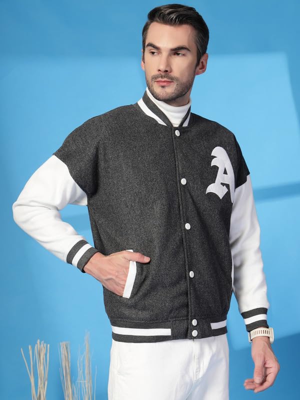 Image of CHKOKKO Men's Oversized Varsity Jacket with Snap Button Closure and Patch Design Trendy Comfortable Outerwear for College Travel and Casual Wear