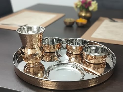IMTRA FASHION Juego de vajilla de cobre de acero inoxidable, plato Thali con cuencos, vaso y cuchara, estilo tradicional indio de 13 pulgadas de diámetro IMTRA FASHION Juego de vajilla de cobre de acero inoxidable, plato Thali con cuencos, vaso y cuchara, estilo tradicional indio de 13 pulgadas de diámetro