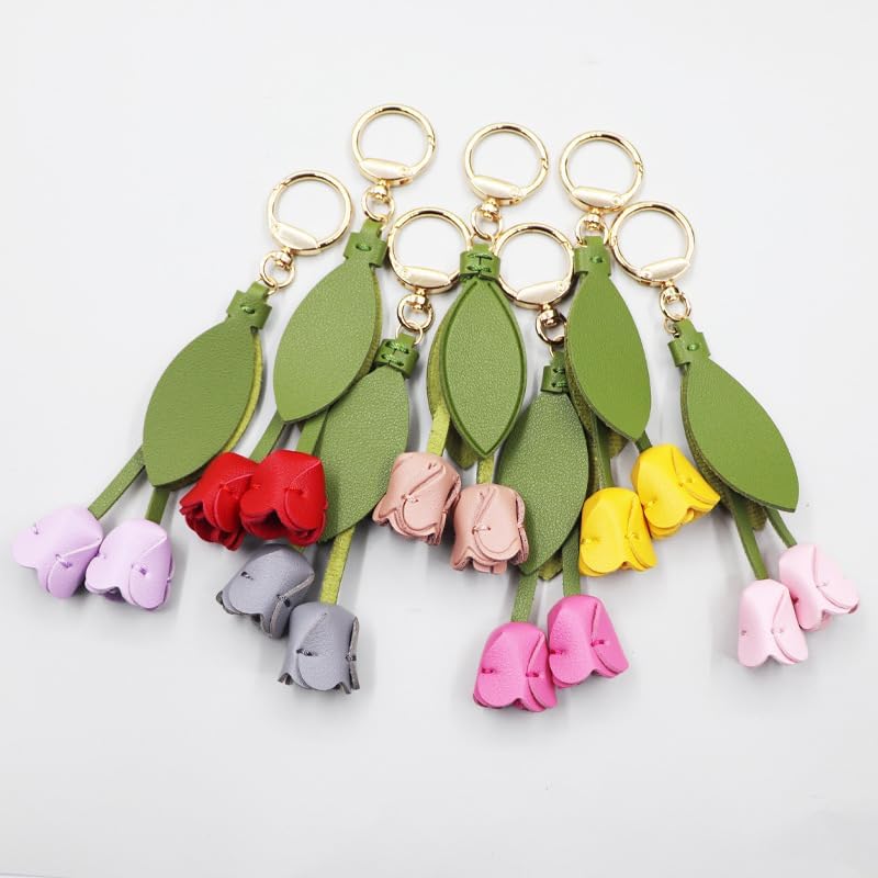 Leather Tulip Flower Keychain, Boho Floral Accessories Key Chains for Women Girls Wallet Purse Ring Pendant Charms - Image 3