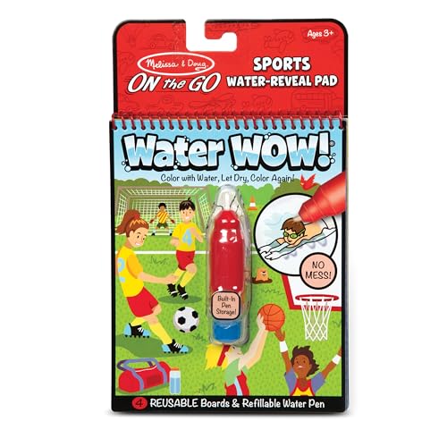 Melissa & Doug On The Go Water Wow! Sports Activity Pad (The Original Reusable Water-Reveal Coloring Book, Refillable Water Pen, Great Gift for Girls and Boys – Best for 3, 4, 5, 6, and 7 Year Olds)