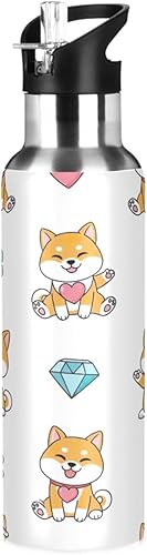 Cute Dogs Playful Insulated Stainless Steel Water Bottle with Straw 32 Oz, BPA-Free Sports Water Bottle with Straw Leakproof Water Bottles