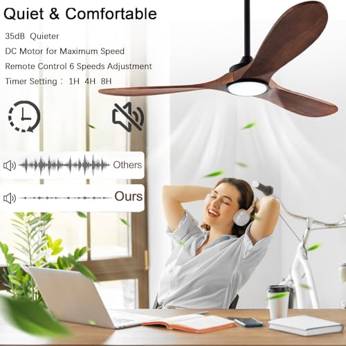 Image of QUTWOB 52 inch 3-Blade Wood Ceiling Fan with Light & Remote, Indoor Outdoor | solid wood blades, quiet dc inverter motor, 6-speed reversible remote, 3-color led light, for indoor outdoor patio garage