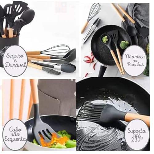Conjunto de Utensílios de Cozinha em Silicone e Cabo de Madeira, Kit 12 peças, Antiaderente, Resiste