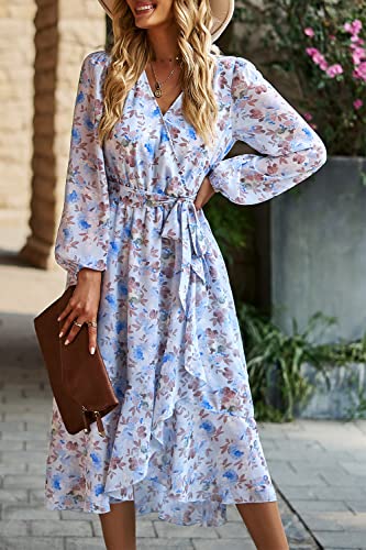 Image of PRETTYGARDEN Women's Floral Boho Dress Fall Long Sleeve Wrap V Neck Ruffle Flowy Maxi Spring Wedding Guest Vacation Dresses