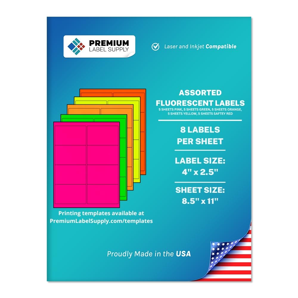 Premium Label Supply Bright Neon Color Fluorescent Sticker Labels - 4" x 2.5" Address Labels - (Assorted Fluorescent, 200 Labels)