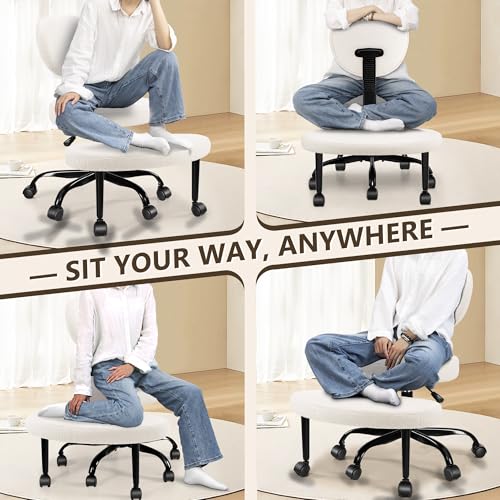 Ergonomic Cross Legged Office Chair with Wheels - Adjustable Height for Meditation, ADHD Desk & Yoga - Wide Criss Cross Design with Lumbar Support, Kneeling Chair - Off White