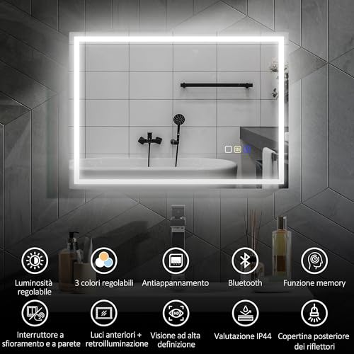 Homcom Specchio Da Parete Con Luce Led E Speaker Bluetooth 70X50 Cm, 3 Colori, Specchio Bagno Con Luminosità Regolabile, Funzione Memoria, Antiappannamento, Interruttori Touch, Orizzontale/Verticale - 3
